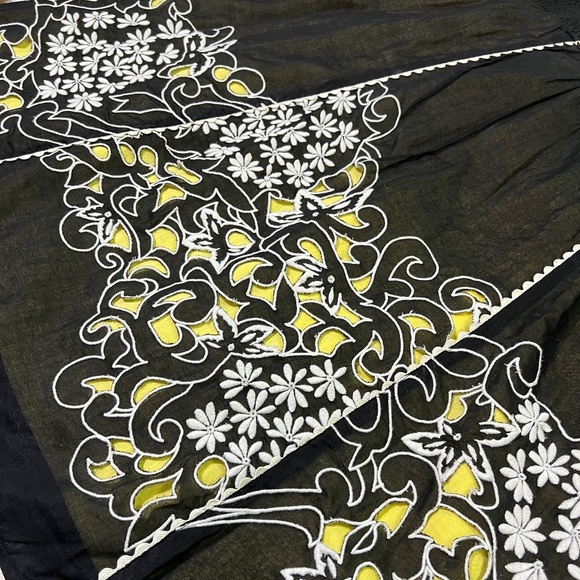 Like New! Floreat {Anthro} Embroidered Black | Yellow Silk Eyelet Dress | XS 2 - Picture 6 of 16